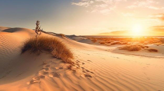 Foto panorama da praia de dunas ao pôr do sol generative ai