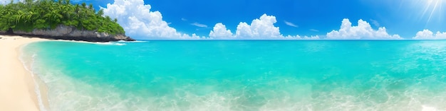 Panorama da praia oceânica em um dia ensolarado com ondas quebrando na costa Ilustração de paisagem marítima com grande rocha de água azul-turquesa de praia coberta com sol verde e céu com nuvens IA generativa