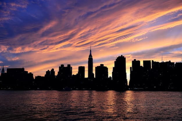 Panorama da silhueta do centro de Manhattan da cidade de Nova York ao pôr do sol com arranha-céus e céu colorido sobre o rio leste