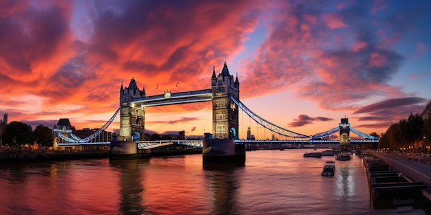 Panorama da Tower Bridge para a Torre de Londres, Reino Unido, durante o pôr do sol