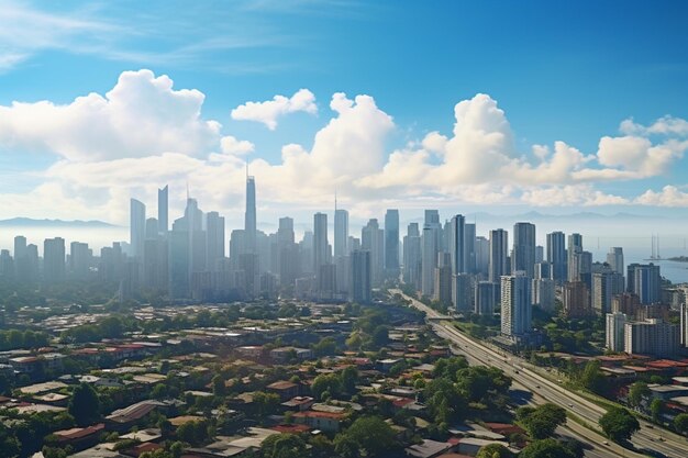 Panorama das alturas da cidade Vista aérea mostra um horizonte de arranha-céus