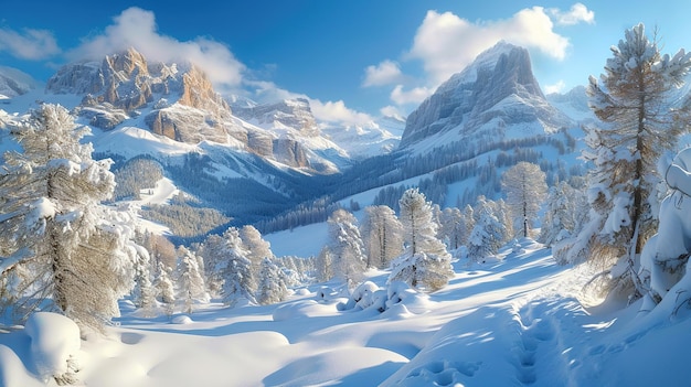 Panorama das Dolomitas de Inverno do Passo Rolle Montanhas italianas vista incrível