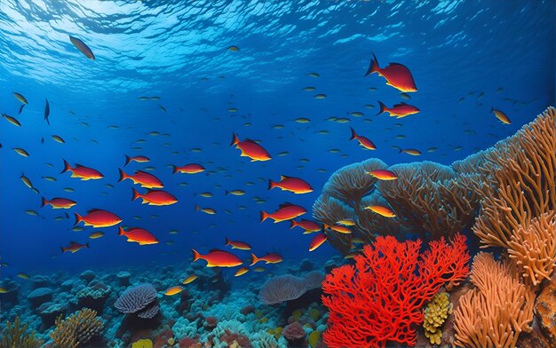 Foto panorama das ondas azuis acima e do oceano subaquático com sua vida decorada com corais