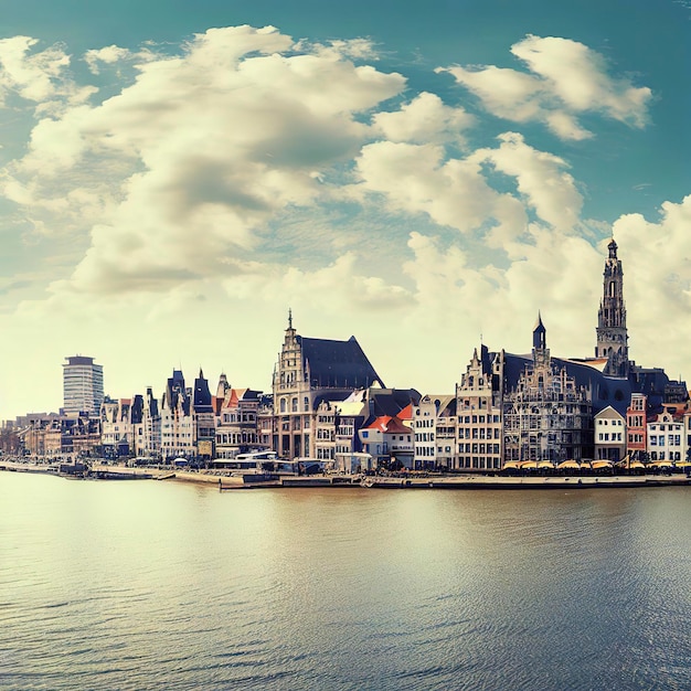 Panorama de Antuérpia através do rio Scheldt