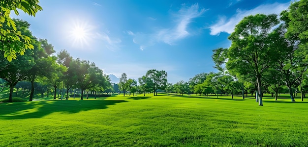 Panorama de campo de grama verde com céu azul e fundo de nuvens brancas