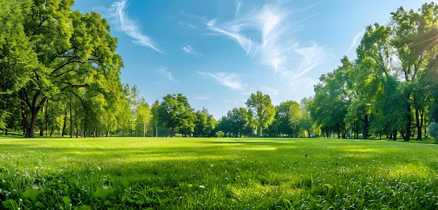 Panorama de campo de grama verde com céu azul e fundo de nuvens brancas