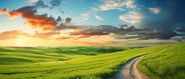 Panorama de campo verde de verão com estrada de terra