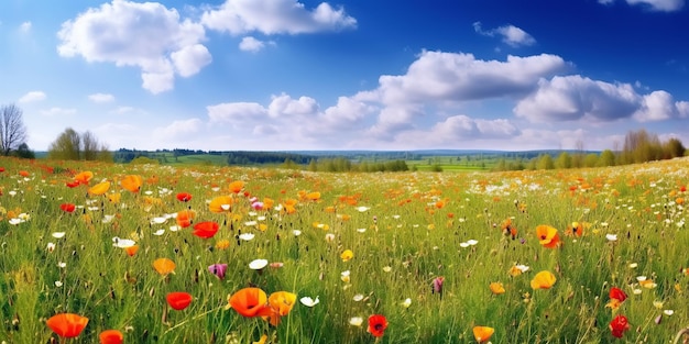 Panorama de campos de prados com flores no verão sob um céu ilustração generativa de ia