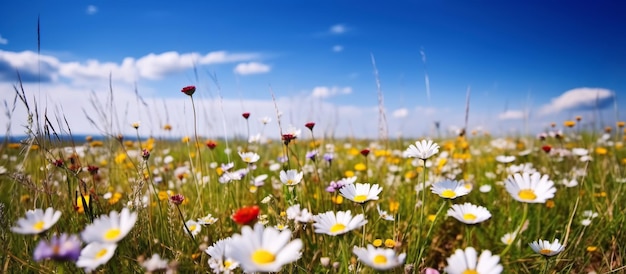 Panorama de campos de prados com flores no verão sob um céu Ilustração generativa de IA