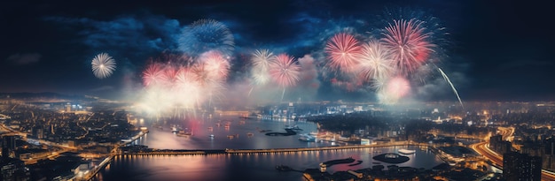 Panorama de fogos de artifício coloridos de várias cores sobre a paisagem da cidade à noite