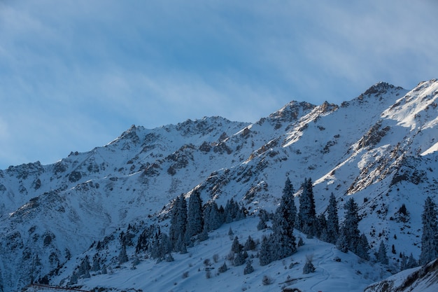 Panorama de inverno com cabana de esqui na neve