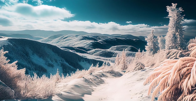 Panorama de inverno montanhas nevadas picos nevados imagem gerada por IA