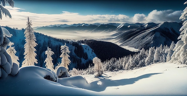 Panorama de inverno montanhas nevadas picos nevados imagem gerada por IA