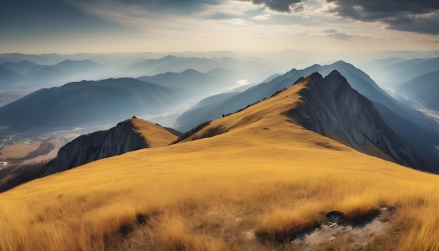 panorama de montanha a uma altura grama amarela