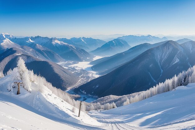 Panorama de montanhas de inverno com pistas de esqui e teleféricos perto do centro de esqui de Vogel, na Eslovênia