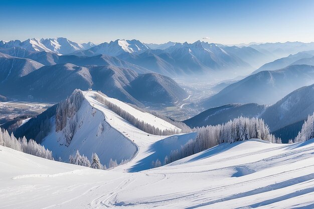 Panorama de montanhas de inverno com pistas de esqui e teleféricos perto do centro de esqui de Vogel, na Eslovênia