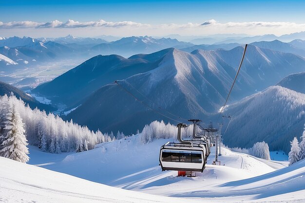 Panorama de montanhas de inverno com pistas de esqui e teleféricos perto do centro de esqui de Vogel, na Eslovênia