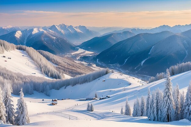 Panorama de montanhas de inverno com pistas de esqui e teleféricos perto do centro de esqui de Vogel, na Eslovênia