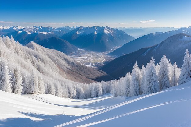 Panorama de montanhas de inverno com pistas de esqui e teleféricos perto do centro de esqui de Vogel, na Eslovênia