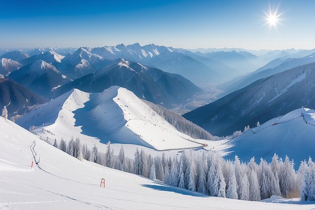 Panorama de montanhas de inverno com pistas de esqui e teleféricos perto do centro de esqui de Vogel, na Eslovênia