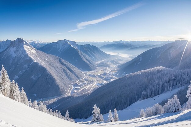 Foto panorama de montanhas de inverno com pistas de esqui e teleféricos perto do centro de esqui de vogel, na eslovênia