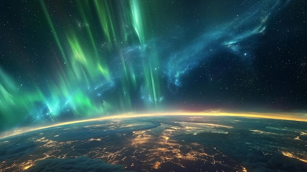 Panorama de órbita em que as luzes coloridas das luzes do norte são visíveis criando um suspiro celestial mágico