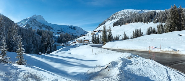 Panorama de país de montanha de inverno com floresta de abetos (arredores de warth, áustria).