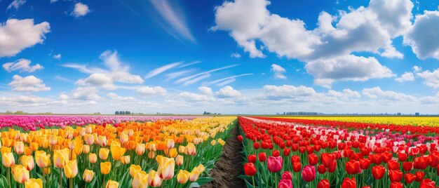 Panorama de paisagem com flores coloridas campo de tulipas moinho de vento holandês tradicional