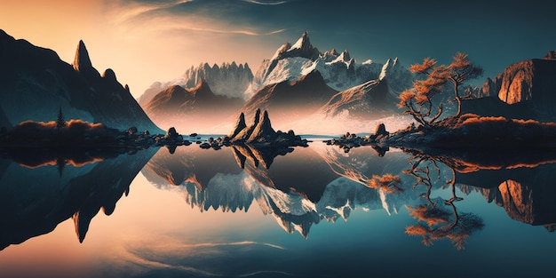 panorama de paisagem de fantasia com montanhas refletindo na água