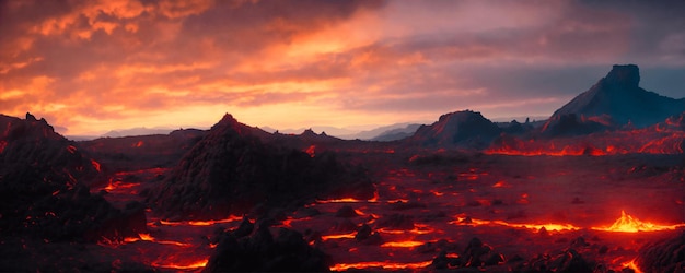 Panorama de paisagem vulcânica com lava