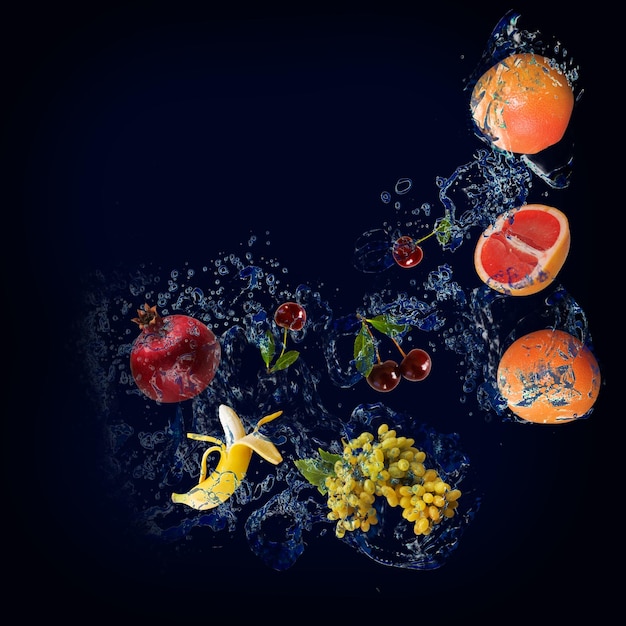 Panorama de papel de parede com frutas na água toranja romã banana uvas cerejas são muito saborosas e boas para o corpo