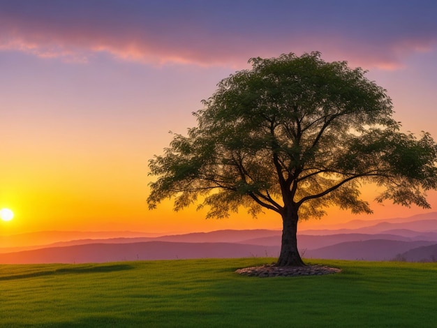 Panorama de pequena árvore crescendo com o nascer do sol