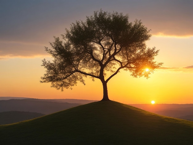 Panorama de pequena árvore crescendo com o nascer do sol