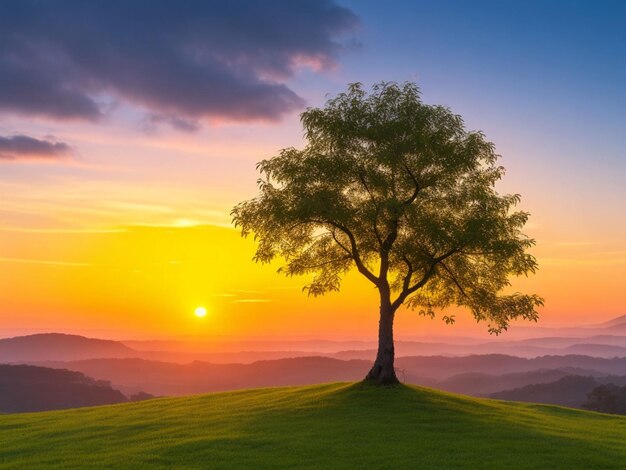 Panorama de pequena árvore crescendo com o nascer do sol