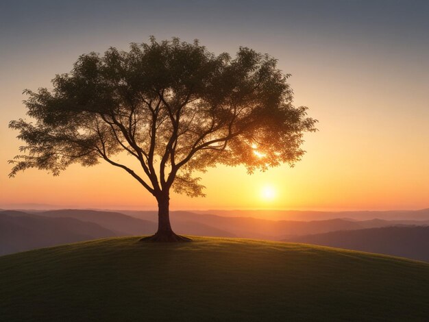 Panorama de pequena árvore crescendo com o nascer do sol