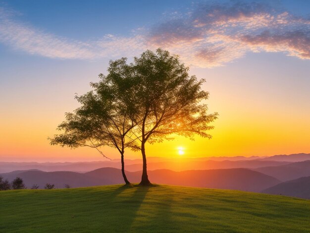 Panorama de pequena árvore crescendo com o nascer do sol