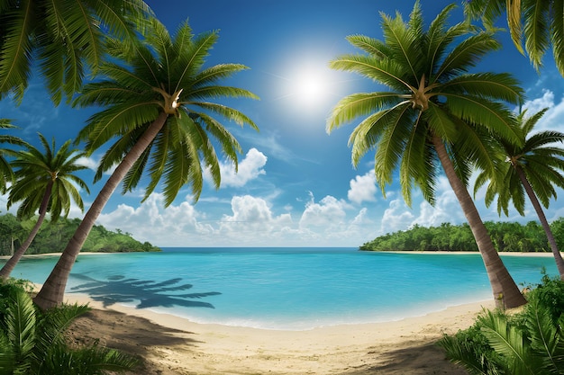 Panorama de praia exótica com palmeiras e lagoa