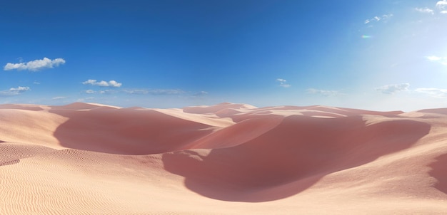 Panorama de renderização em 3D de dunas em dunas de areia do deserto arenoso sob um céu azul