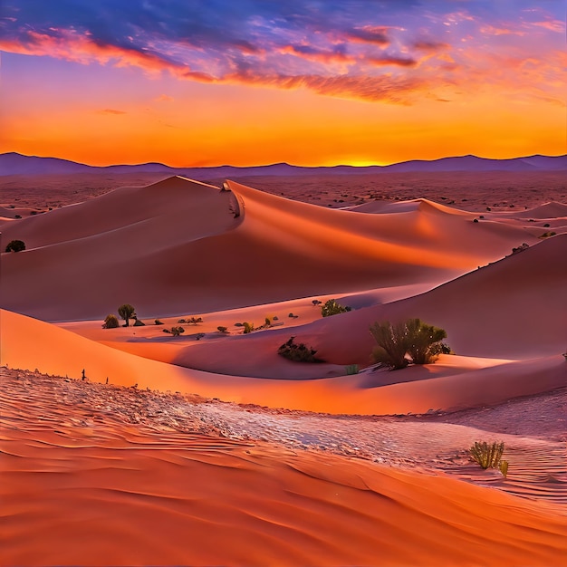 Panorama de tirar o fôlego de vastas dunas do deserto pintado pelo Sunrise Sky generative ai