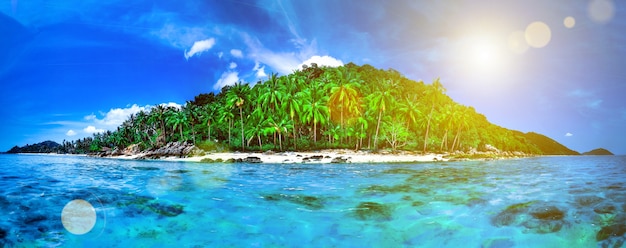 Panorama de toda a ilha tropical com atol no Oceano Índico. Ilha subtropical desabitada e selvagem com palmeiras. Água do oceano azul claro, sol brilhando no céu nublado. Conceito de férias e férias