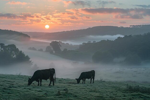 Panorama de vacas pastando em um prado com grama Nascer do sol em uma névoa matinal Gado pastando