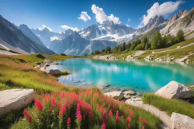 Foto panorama de verão colorido do lago lac blanc com o mont blanc monte bianco em fundo chamonix localização bela cena ao ar livre em vallon de berard reserva natural graian alps frança europa