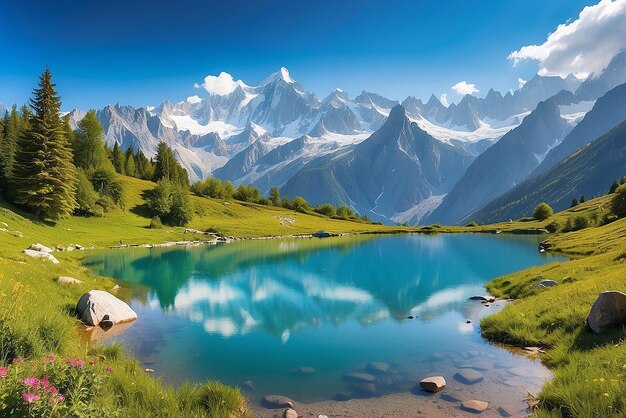Panorama de verão colorido do lago Lac Blanc com o Mont Blanc Monte Bianco em fundo Chamonix localização Bela cena ao ar livre em Vallon de Berard Reserva Natural Graian Alps França Europa