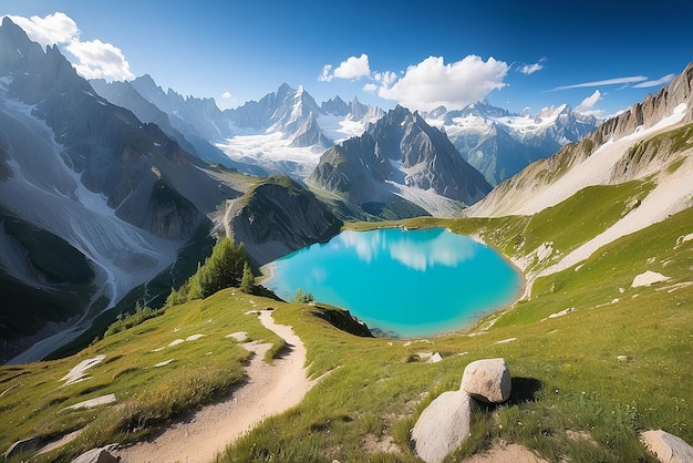 Foto panorama de verão colorido do lago lac blanc com o mont blanc monte bianco em fundo chamonix localização bela cena ao ar livre em vallon de berard reserva natural graian alps frança europa