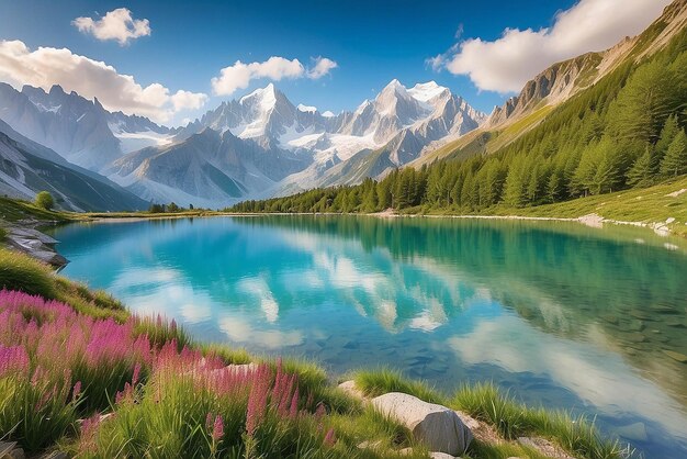 Panorama de verão colorido do lago Lac Blanc com o Mont Blanc Monte Bianco em fundo Chamonix localização Bela cena ao ar livre em Vallon de Berard Reserva Natural Graian Alps França Europa