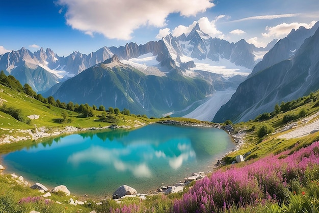 Foto panorama de verão colorido do lago lac blanc com o mont blanc monte bianco em fundo chamonix localização bela cena ao ar livre em vallon de berard reserva natural graian alps frança europa