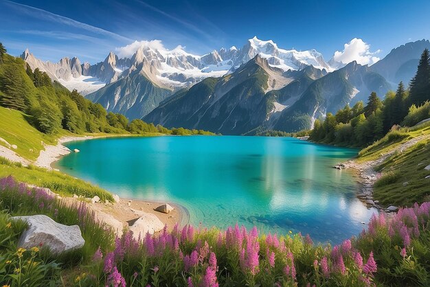 Panorama de verão colorido do lago Lac Blanc com o Mont Blanc Monte Bianco em fundo Chamonix localização Bela cena ao ar livre em Vallon de Berard Reserva Natural Graian Alps França Europa