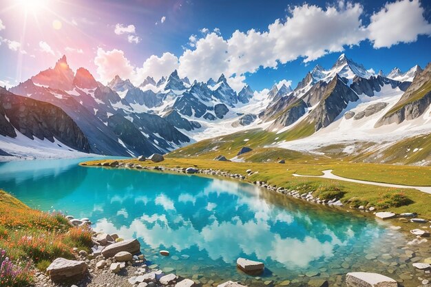 Panorama de verão colorido do lago Lac Blanc com o Mont Blanc Monte Bianco em fundo Chamonix localização Bela cena ao ar livre em Vallon de Berard Reserva Natural Graian Alps França Europa