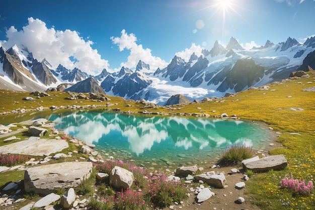 Panorama de verão colorido do lago Lac Blanc com o Mont Blanc Monte Bianco em fundo Chamonix localização Bela cena ao ar livre em Vallon de Berard Reserva Natural Graian Alps França Europa