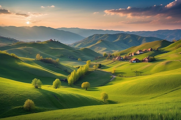 Panorama der rumänischen Landschaft bei Sonnenuntergang im Abendlicht